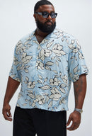 Camisa de botões com tema floral - Azul Claro