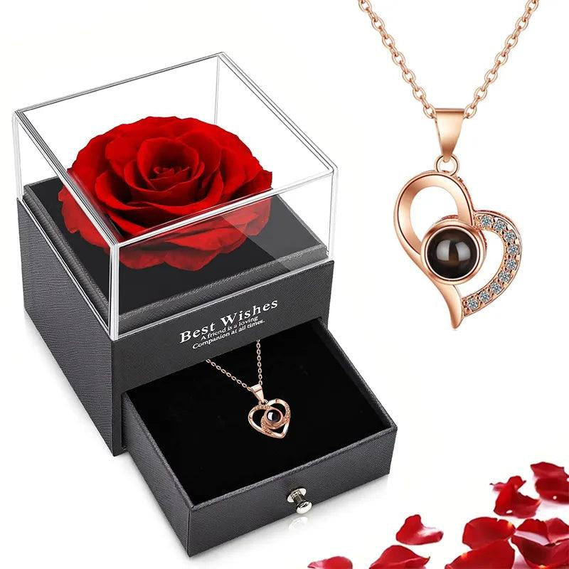 Colar Eu Te Amo Em 100 Idiomas + Caixa Com Rosa Eterna
