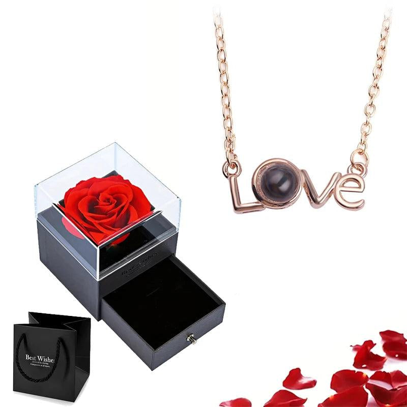 Colar Eu Te Amo Em 100 Idiomas + Caixa Com Rosa Eterna