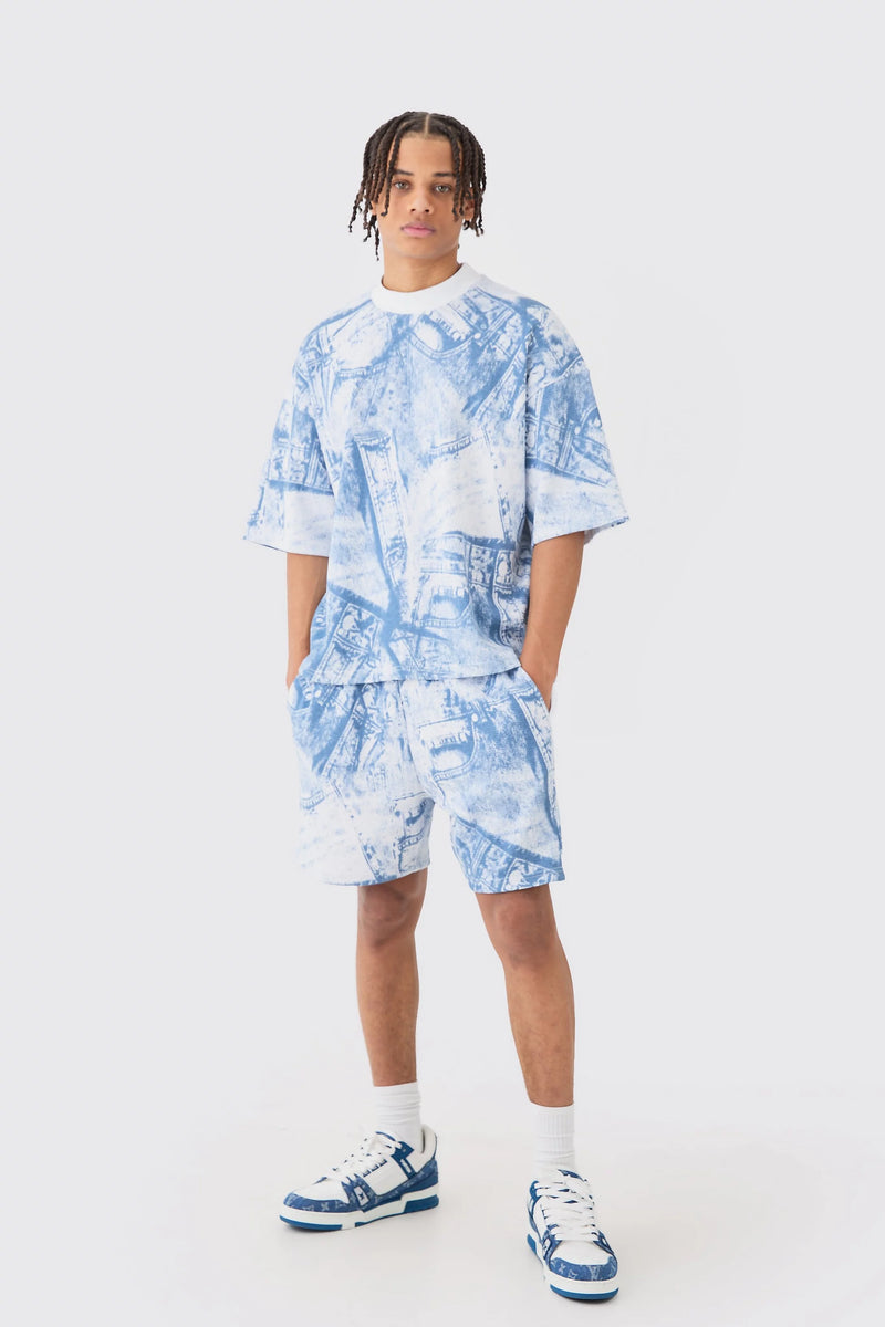 CONJUNTO DE CAMISETA E SHORTS ESTAMPADOS EM JEANS BOXY OVERSIZED