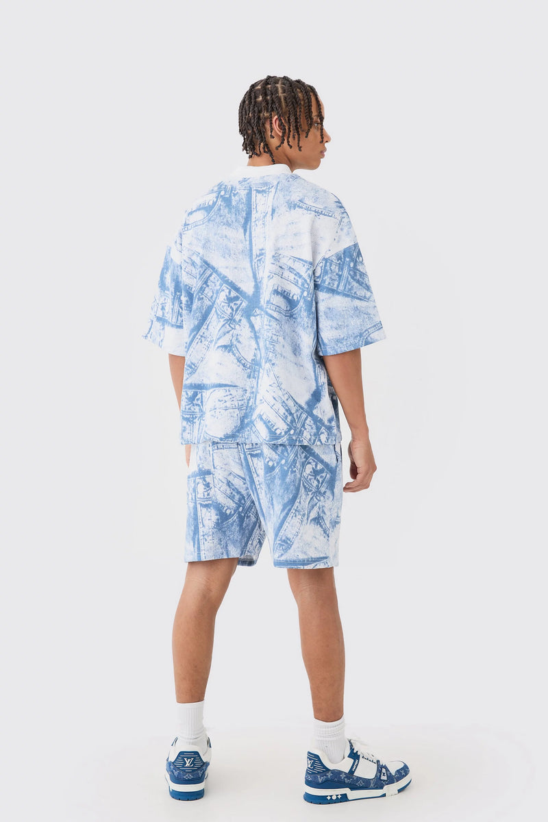CONJUNTO DE CAMISETA E SHORTS ESTAMPADOS EM JEANS BOXY OVERSIZED