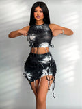 Conjunto Feminino Tie-Dye Slim Fit com Top Crop Rasgado e Saia