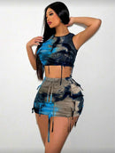 Conjunto Feminino Tie-Dye Slim Fit com Top Crop Rasgado e Saia