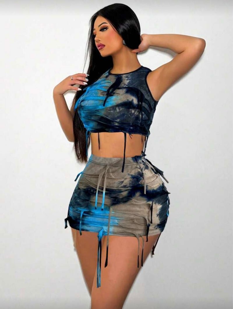 Conjunto Feminino Tie-Dye Slim Fit com Top Crop Rasgado e Saia
