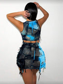 Conjunto Feminino Tie-Dye Slim Fit com Top Crop Rasgado e Saia