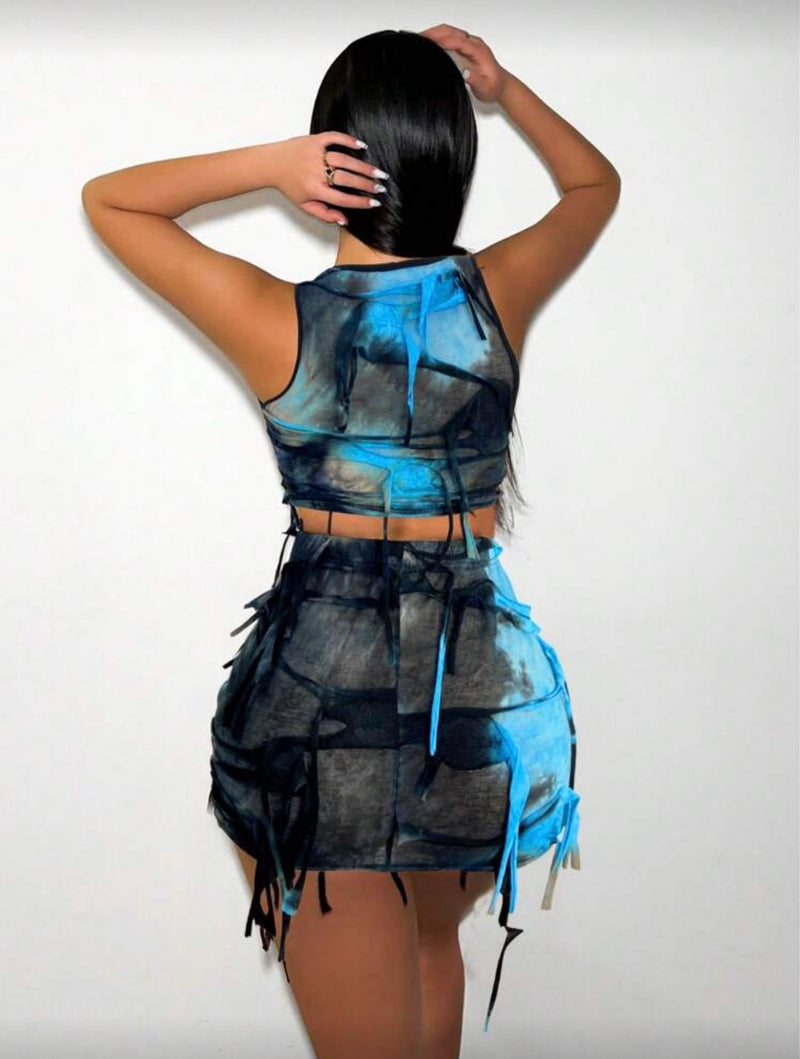 Conjunto Feminino Tie-Dye Slim Fit com Top Crop Rasgado e Saia