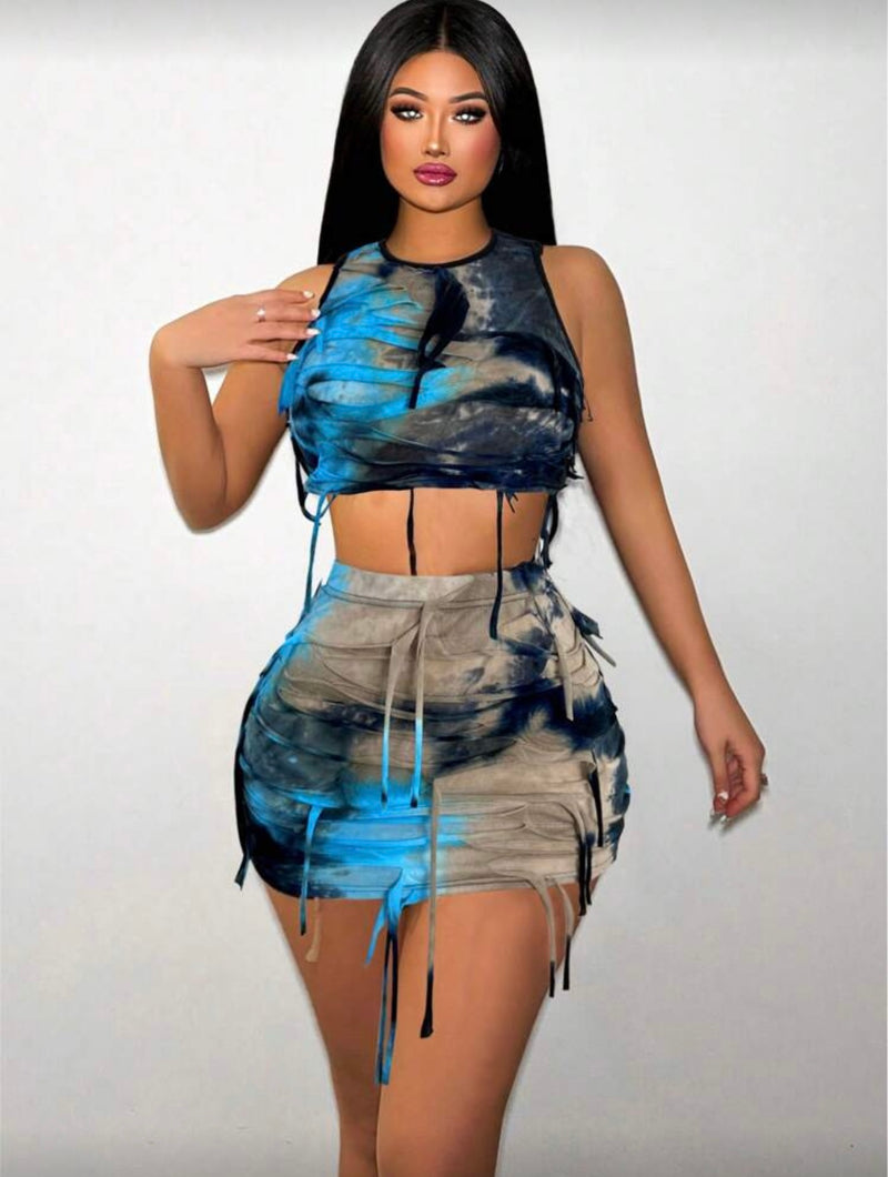 Conjunto Feminino Tie-Dye Slim Fit com Top Crop Rasgado e Saia