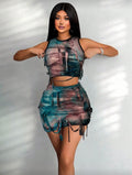 Conjunto Feminino Tie-Dye Slim Fit com Top Crop Rasgado e Saia