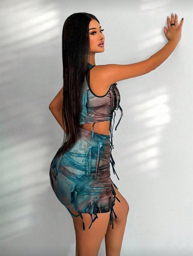 Conjunto Feminino Tie-Dye Slim Fit com Top Crop Rasgado e Saia