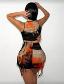 Conjunto Feminino Tie-Dye Slim Fit com Top Crop Rasgado e Saia