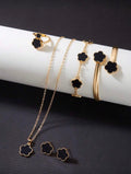 Conjunto de Joias Versáteis de Trevo de Quatro Folhas com 6 Peças, Incluindo Brincos, Colar, Pulseira, Bracelete, Anel