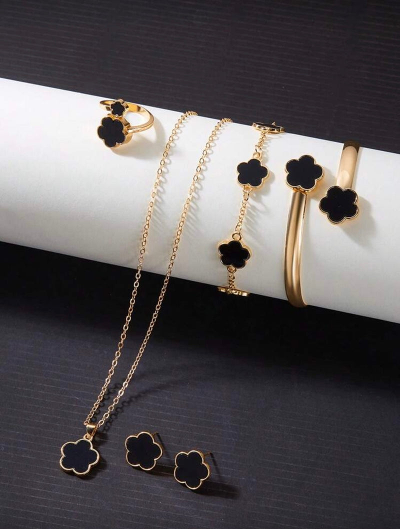 Conjunto de Joias Versáteis de Trevo de Quatro Folhas com 6 Peças, Incluindo Brincos, Colar, Pulseira, Bracelete, Anel