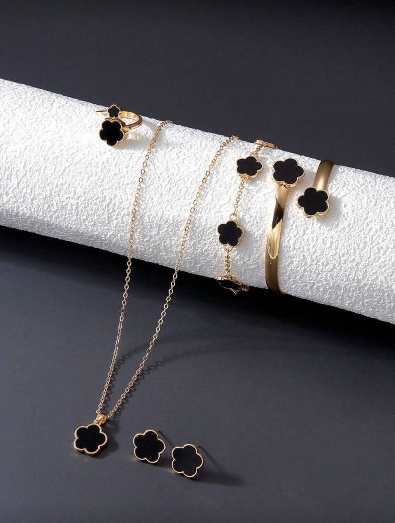 Conjunto de Joias Versáteis de Trevo de Quatro Folhas com 6 Peças, Incluindo Brincos, Colar, Pulseira, Bracelete, Anel