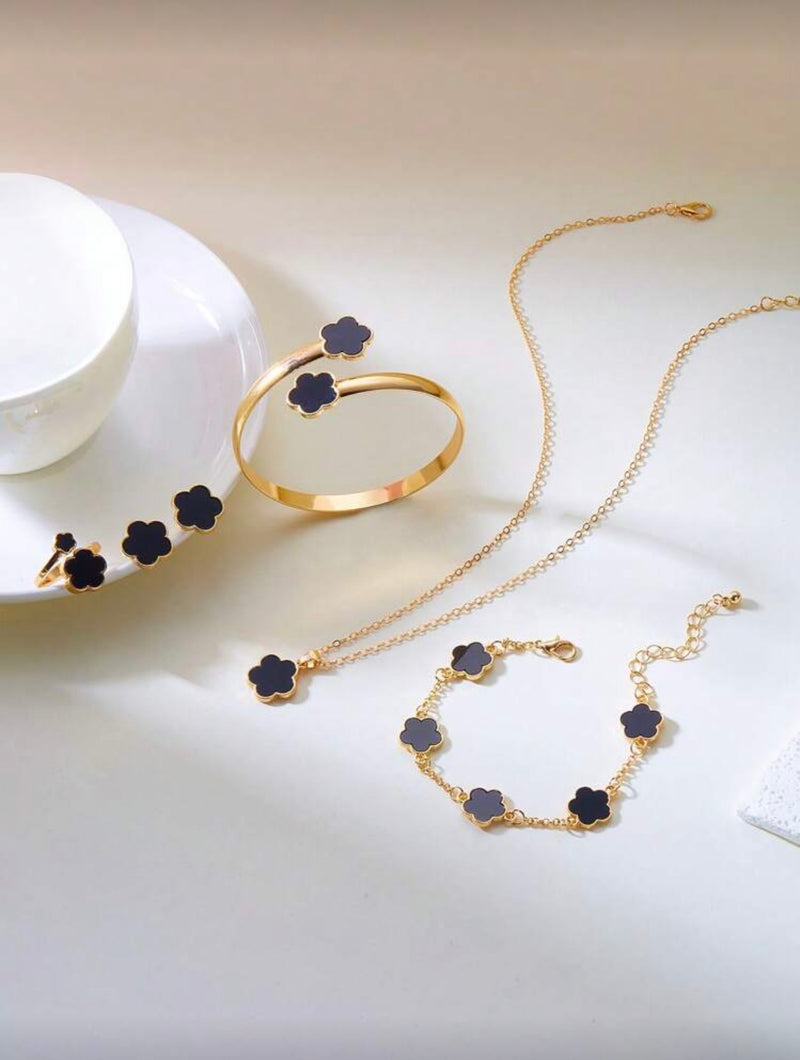 Conjunto de Joias Versáteis de Trevo de Quatro Folhas com 6 Peças, Incluindo Brincos, Colar, Pulseira, Bracelete, Anel