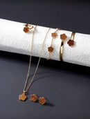 Conjunto de Joias Versáteis de Trevo de Quatro Folhas com 6 Peças, Incluindo Brincos, Colar, Pulseira, Bracelete, Anel