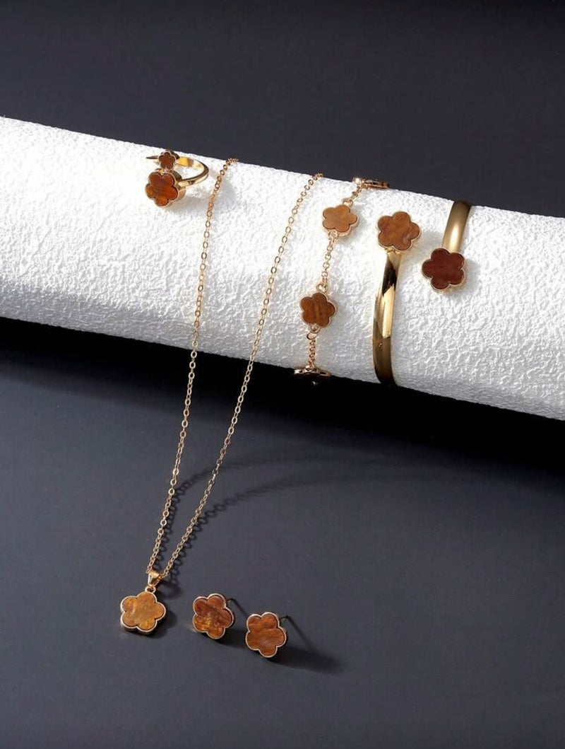 Conjunto de Joias Versáteis de Trevo de Quatro Folhas com 6 Peças, Incluindo Brincos, Colar, Pulseira, Bracelete, Anel