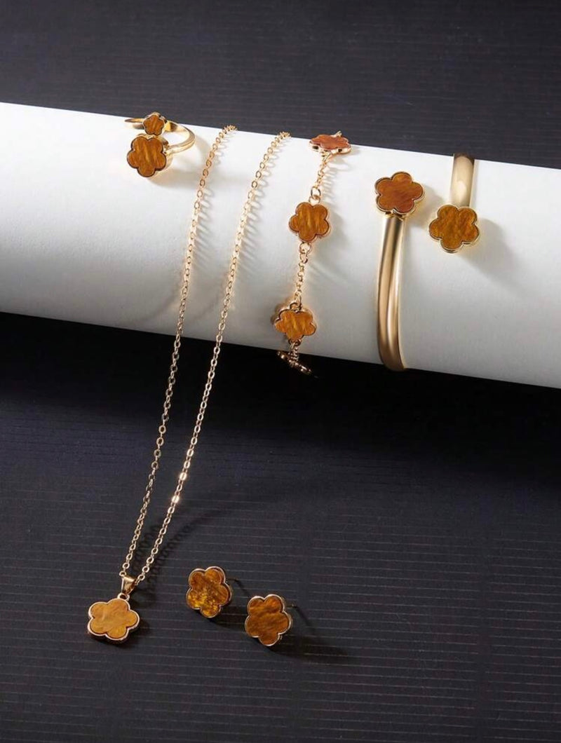 Conjunto de Joias Versáteis de Trevo de Quatro Folhas com 6 Peças, Incluindo Brincos, Colar, Pulseira, Bracelete, Anel