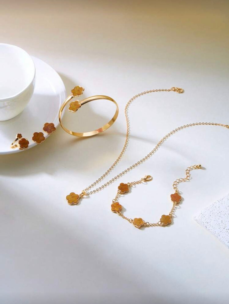 Conjunto de Joias Versáteis de Trevo de Quatro Folhas com 6 Peças, Incluindo Brincos, Colar, Pulseira, Bracelete, Anel