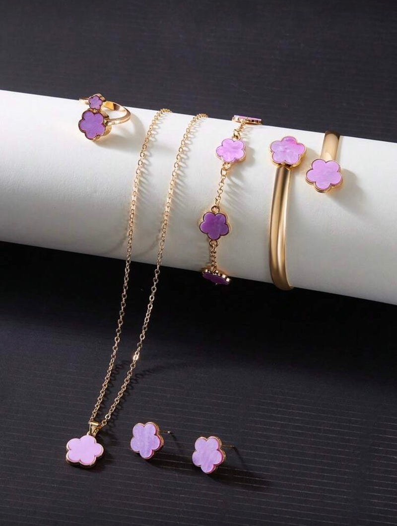 Conjunto de Joias Versáteis de Trevo de Quatro Folhas com 6 Peças, Incluindo Brincos, Colar, Pulseira, Bracelete, Anel