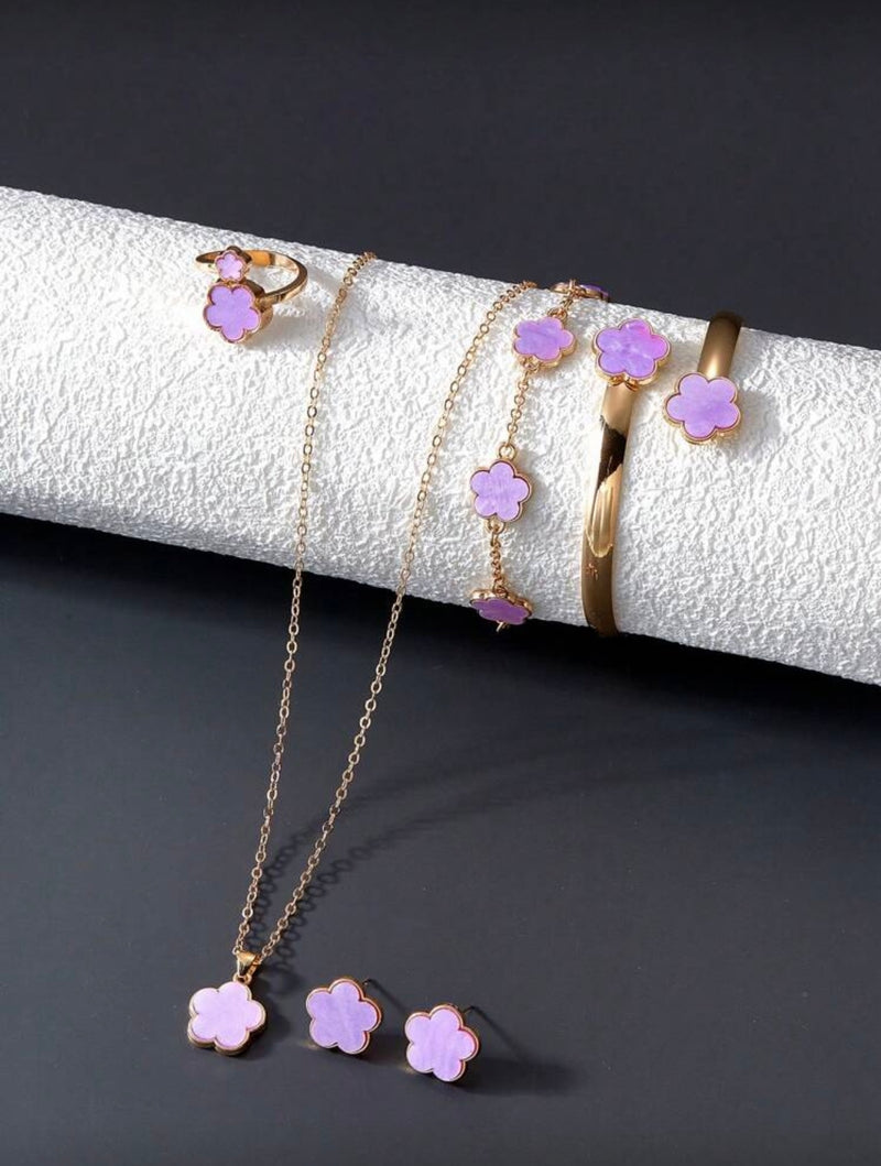 Conjunto de Joias Versáteis de Trevo de Quatro Folhas com 6 Peças, Incluindo Brincos, Colar, Pulseira, Bracelete, Anel