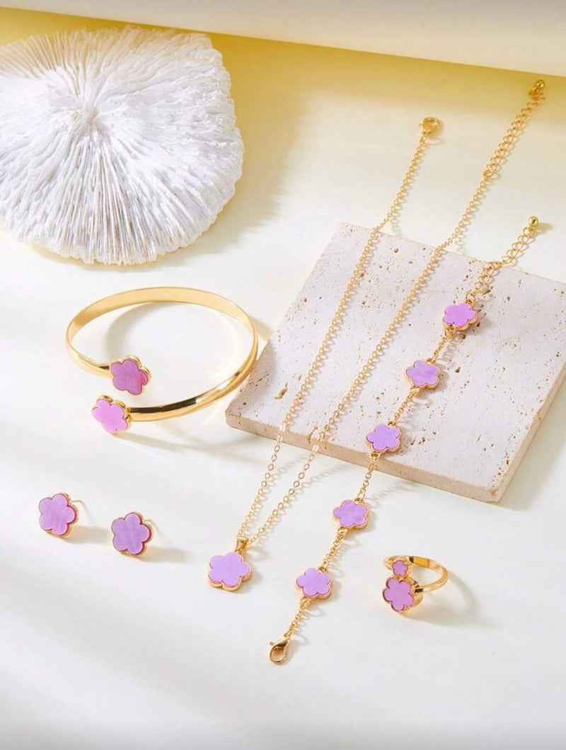 Conjunto de Joias Versáteis de Trevo de Quatro Folhas com 6 Peças, Incluindo Brincos, Colar, Pulseira, Bracelete, Anel