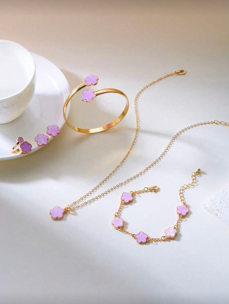 Conjunto de Joias Versáteis de Trevo de Quatro Folhas com 6 Peças, Incluindo Brincos, Colar, Pulseira, Bracelete, Anel