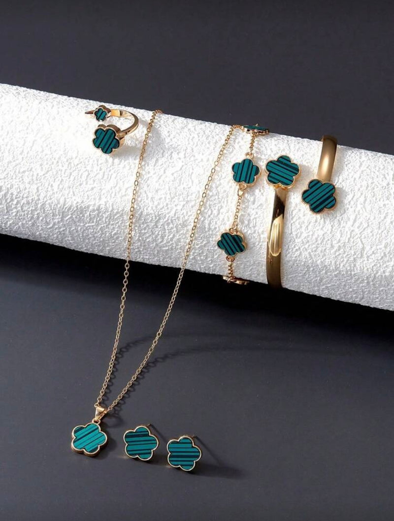 Conjunto de Joias Versáteis de Trevo de Quatro Folhas com 6 Peças, Incluindo Brincos, Colar, Pulseira, Bracelete, Anel