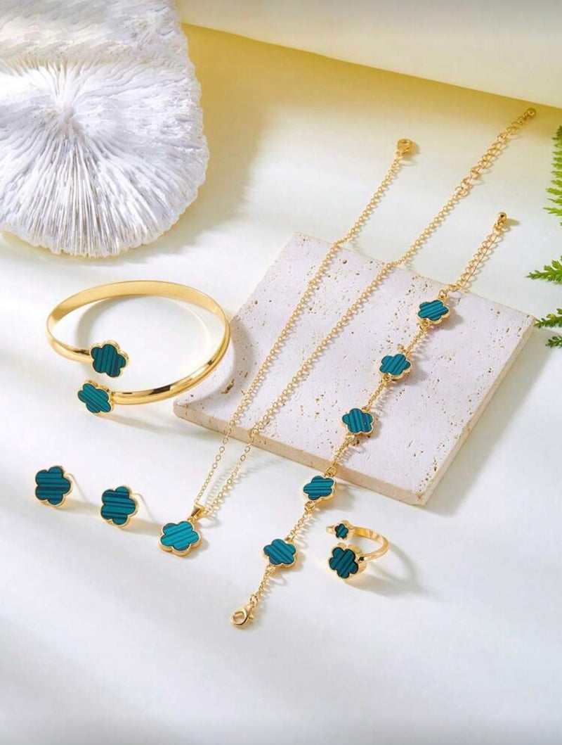 Conjunto de Joias Versáteis de Trevo de Quatro Folhas com 6 Peças, Incluindo Brincos, Colar, Pulseira, Bracelete, Anel