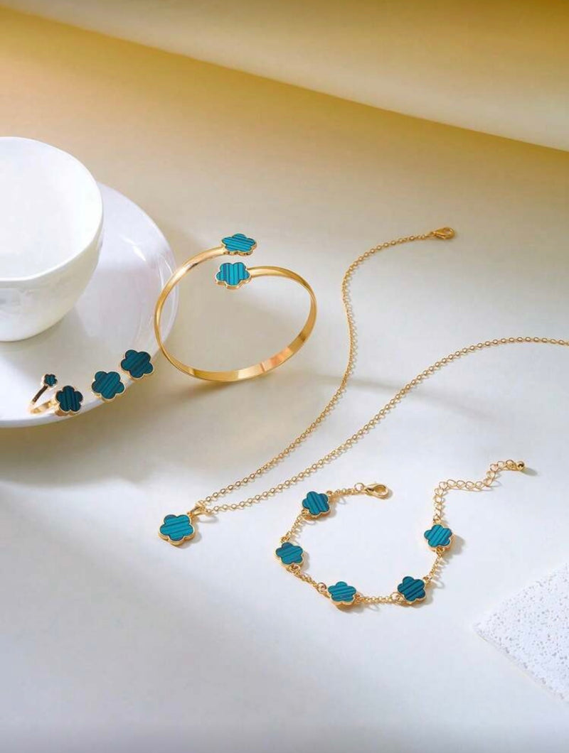 Conjunto de Joias Versáteis de Trevo de Quatro Folhas com 6 Peças, Incluindo Brincos, Colar, Pulseira, Bracelete, Anel