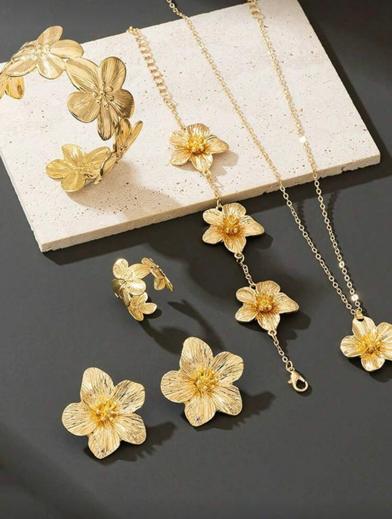 Conjunto de Joias Versáteis de Trevo de Quatro Folhas com 6 Peças, Incluindo Brincos, Colar, Pulseira, Bracelete, Anel