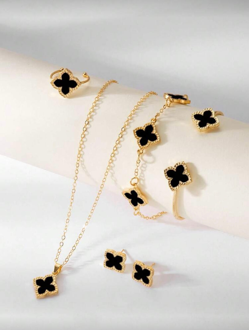 Conjunto de Joias Versáteis de Trevo de Quatro Folhas com 6 Peças, Incluindo Brincos, Colar, Pulseira, Bracelete, Anel