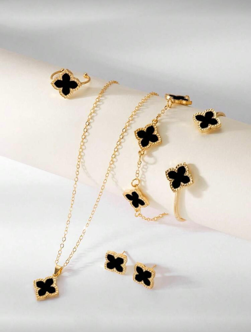 Conjunto de Joias Versáteis de Trevo de Quatro Folhas com 6 Peças, Incluindo Brincos, Colar, Pulseira, Bracelete, Anel