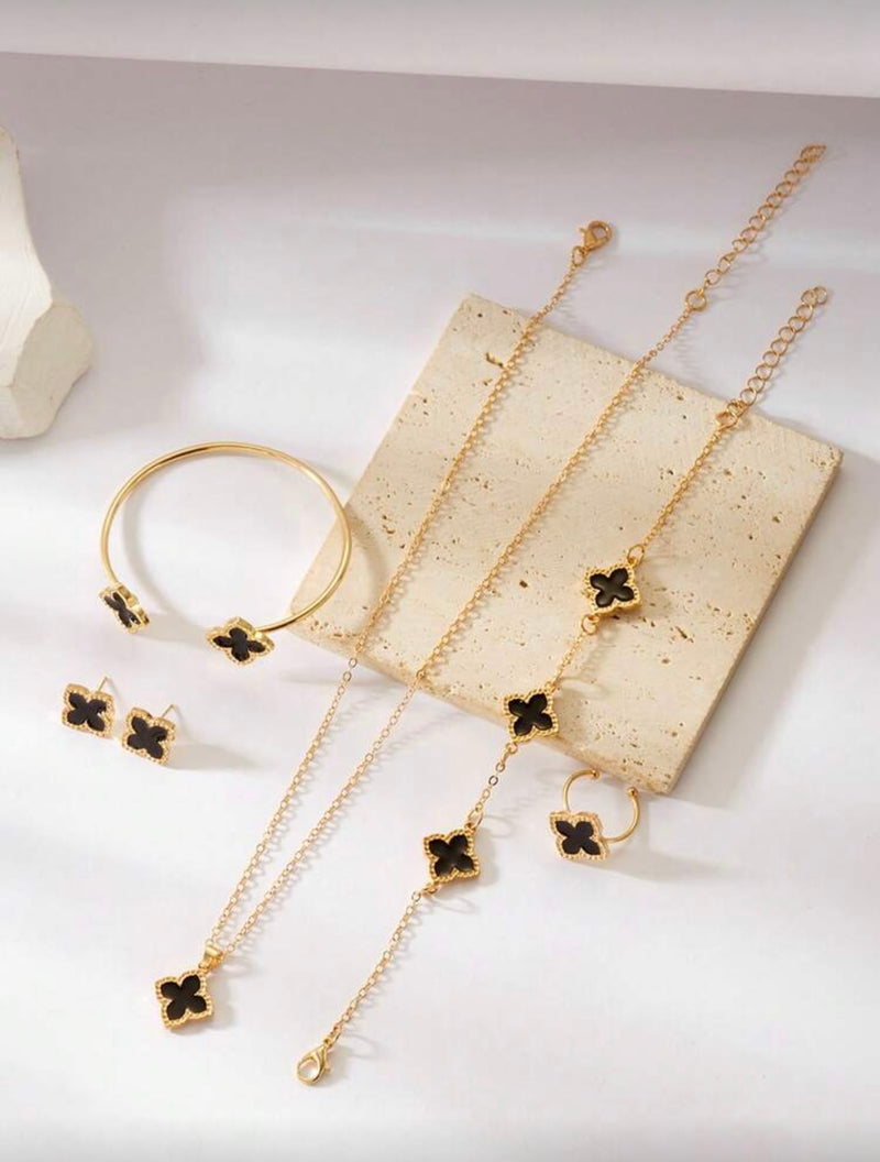 Conjunto de Joias Versáteis de Trevo de Quatro Folhas com 6 Peças, Incluindo Brincos, Colar, Pulseira, Bracelete, Anel